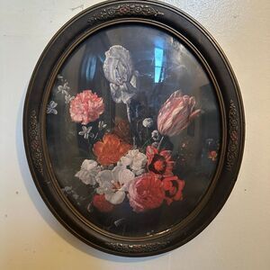 Antique dome glass old fashioned flower bouquet picture frame